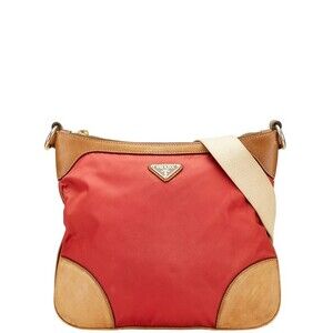 Prada triangular logo plaque crossbody shoulder bag red brown nylon leather